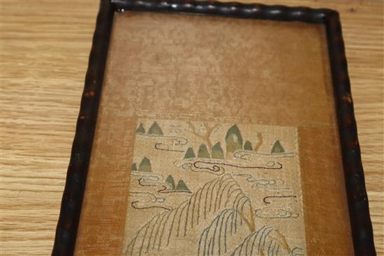 A pair of Chinese embroidered silk polychrome sleeve bands, framed